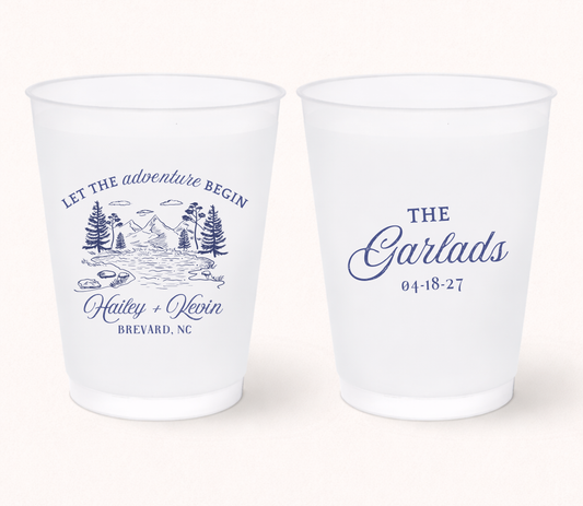 Custom mountain wedding frosted cups
Personalized outdoor wedding cups
Forest landscape wedding favor
Mountain wedding cups with names and date