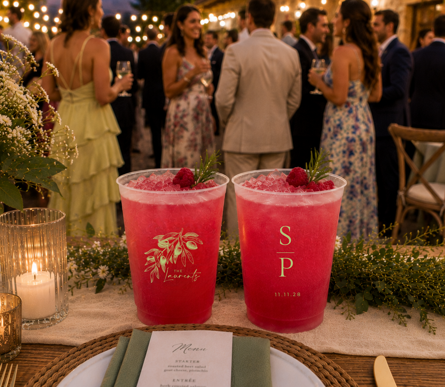 Italian inspired wedding frosted cup featuring an elegant olive illustration.