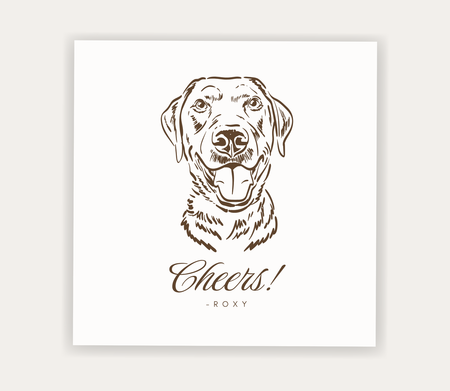 Personalized pet portrait wedding napkin featuring a custom dog illustration, pet name, and cheers message