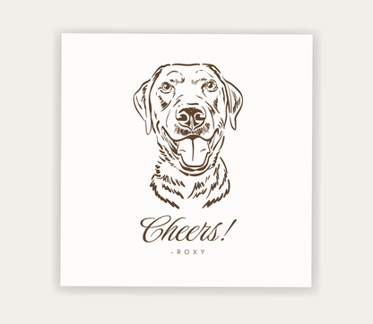 Personalized pet portrait wedding napkin featuring a custom dog illustration, pet name, and cheers message