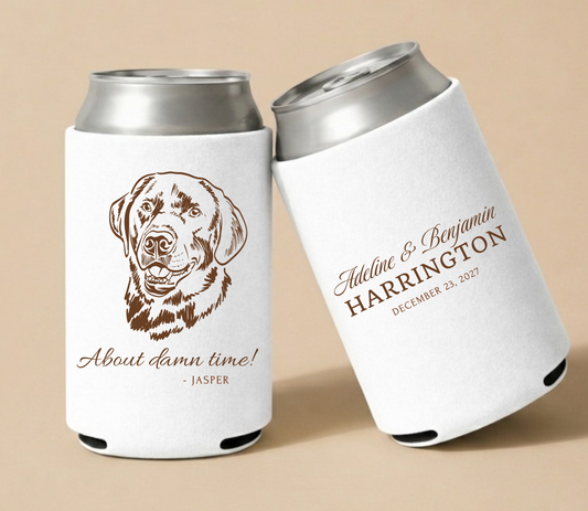 Personalized dog wedding can coolers featuring a custom dog illustration with couple's names and wedding date.