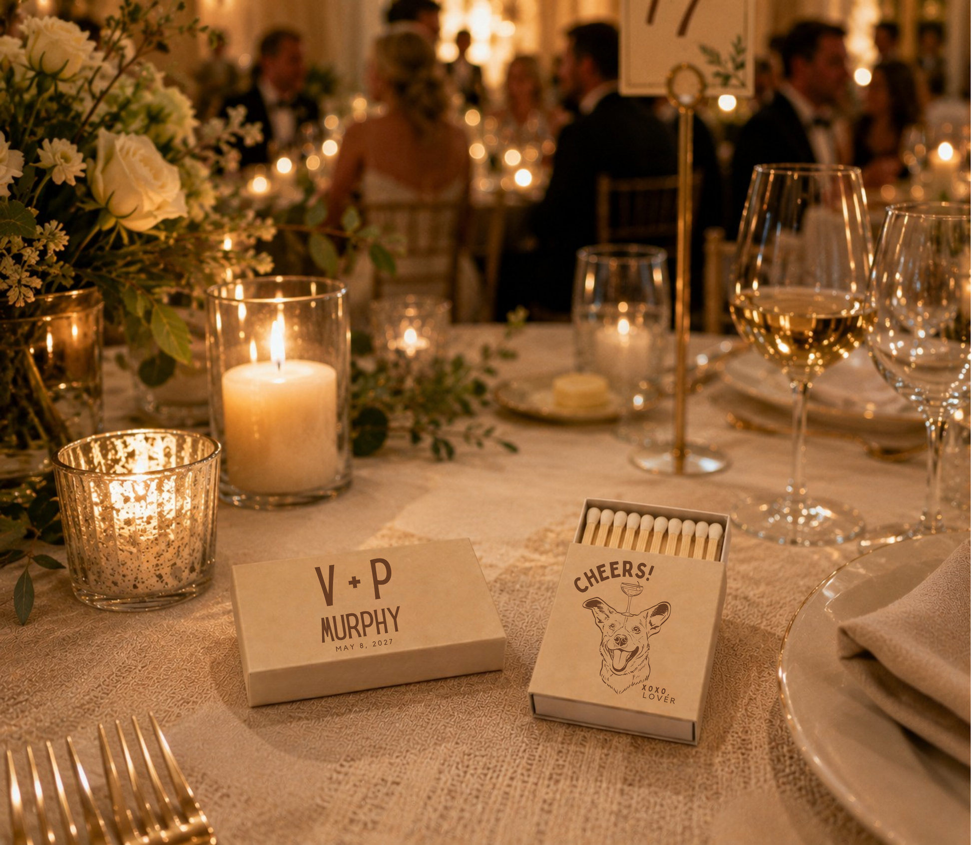 Cheers wedding matchboxes with dog illustration.