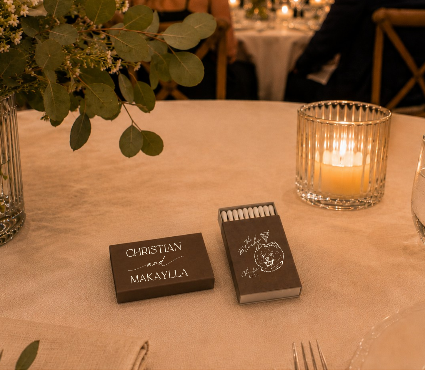 Custom pet portrait matchboxes for weddings.