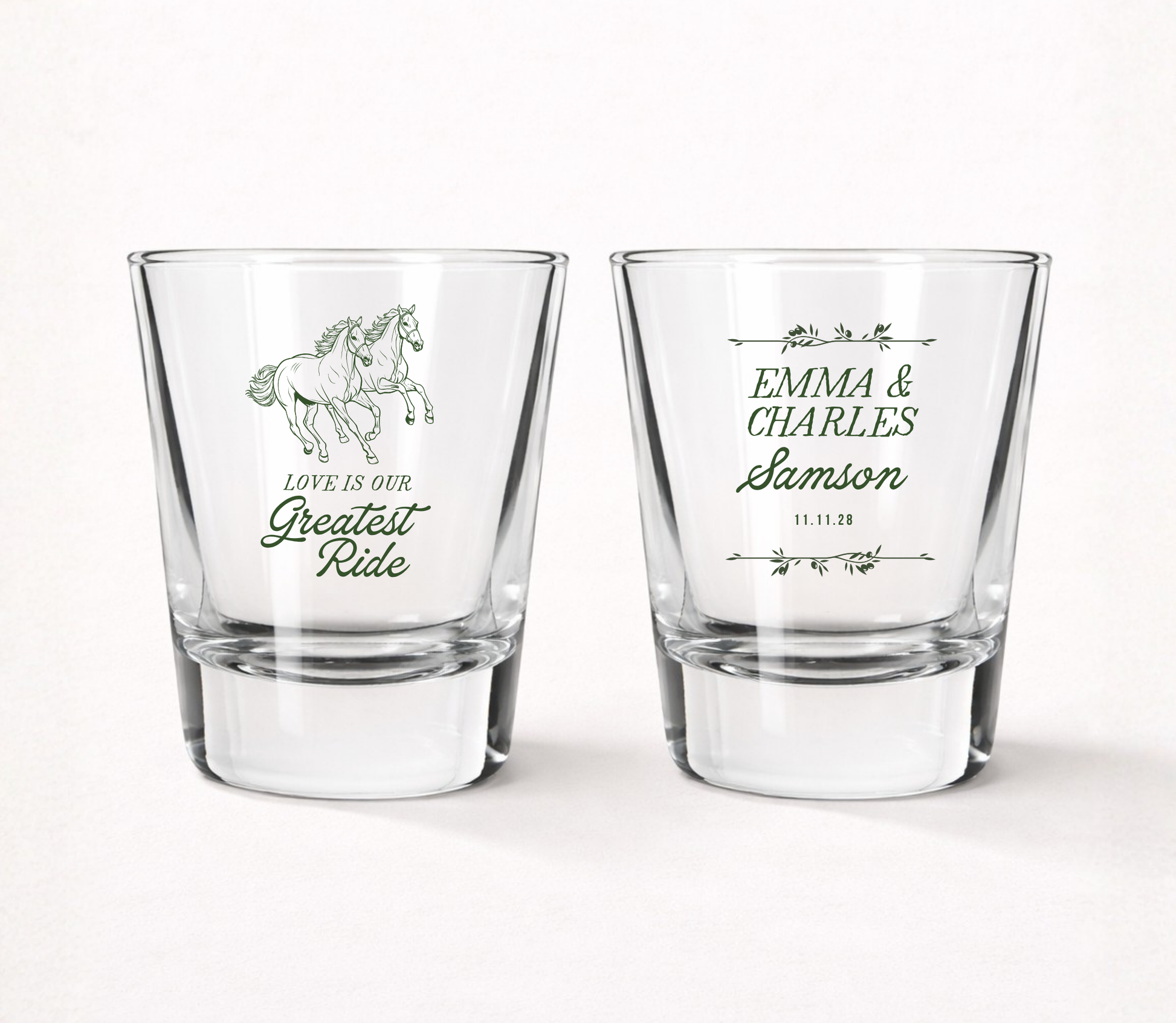 Personalized Western wedding shot glasses featuring custom couple names, family name, wedding date, horse illustration, and Love Is Our Greatest Ride design.