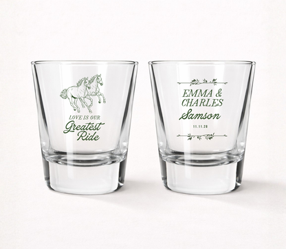 Personalized Western wedding shot glasses featuring custom couple names, family name, wedding date, horse illustration, and Love Is Our Greatest Ride design.
