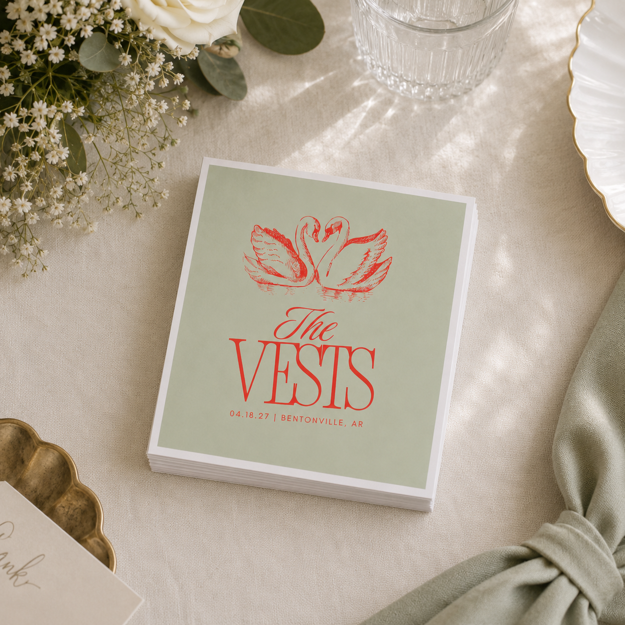 Personalized reception napkin featuring romantic swan illustration.
Wedding beverage napkin with custom names and swan design.