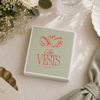 Personalized reception napkin featuring romantic swan illustration.
Wedding beverage napkin with custom names and swan design.