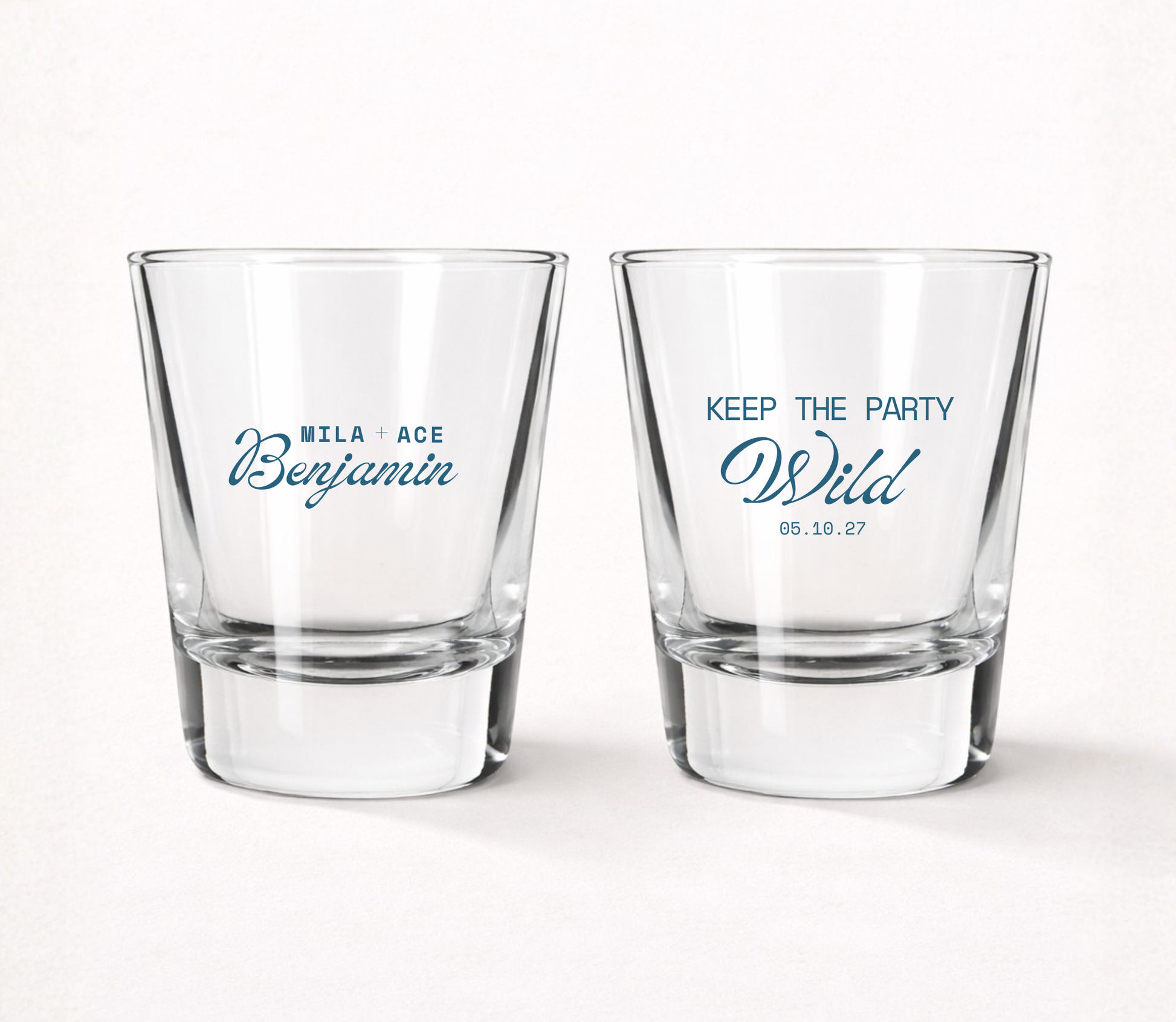 Personalized modern wedding shot glasses featuring custom couple names, wedding date, and Keep the Party Wild design.