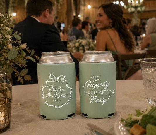 Personalized ribbon bow wedding can cooler featuring elegant typography, names, and wedding date.