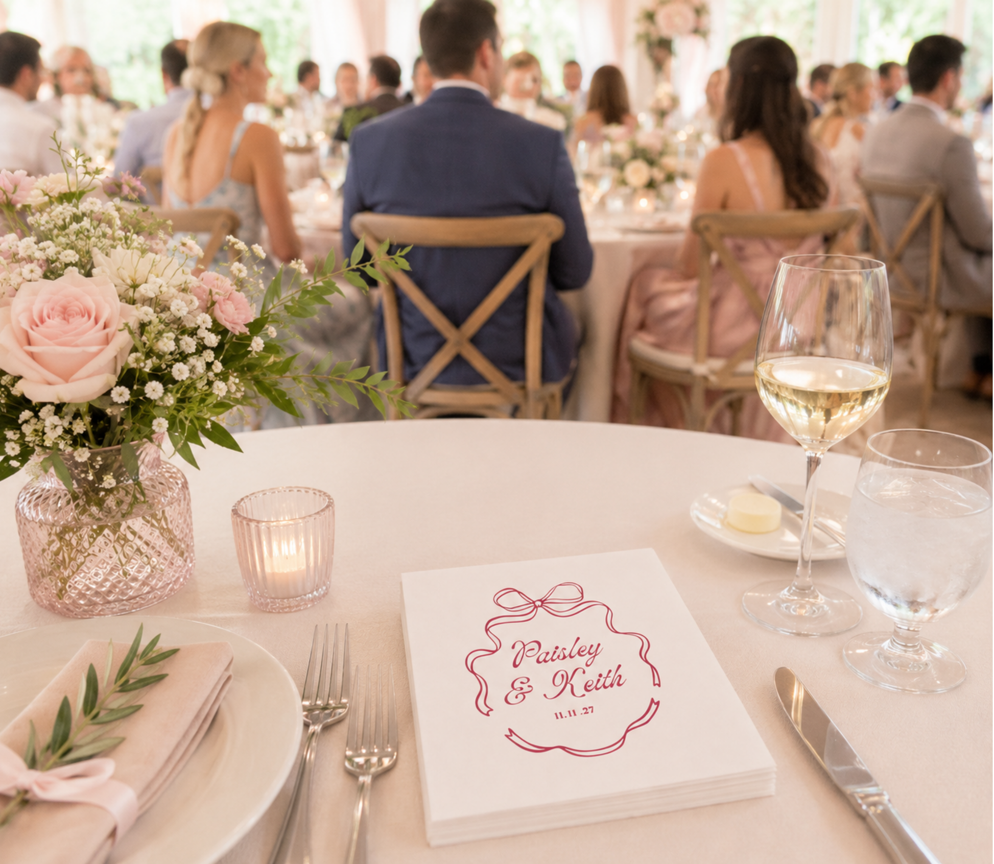 Custom bow wedding cocktail napkins.
