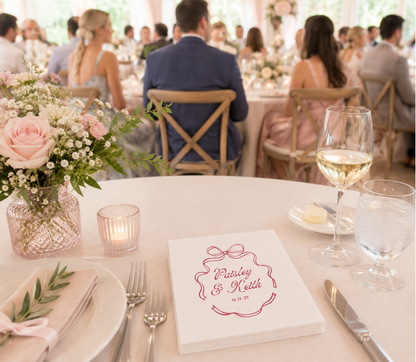 Custom bow wedding cocktail napkins.