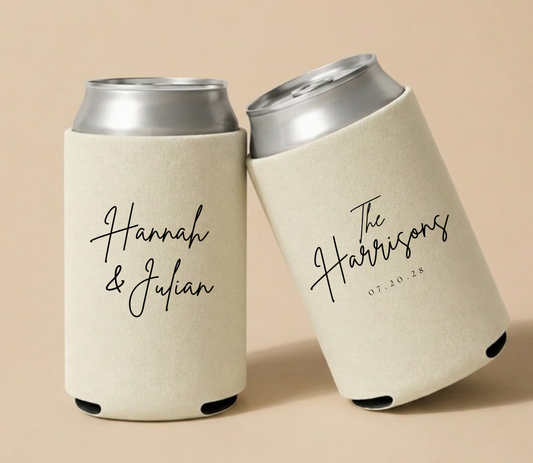 Personalized beige wedding can coolers featuring Hannah and Julian in handwritten script with The Harrisons family name and wedding date in black ink.