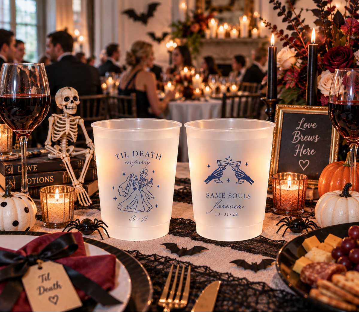 Same Souls Forever Halloween wedding frosted cup featuring skeleton hands toasting with cocktail glasses and wedding date 10.31.28.