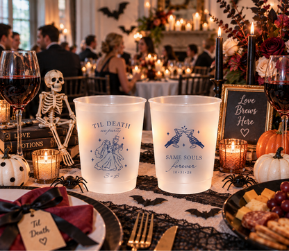 Same Souls Forever Halloween wedding frosted cup featuring skeleton hands toasting with cocktail glasses and wedding date 10.31.28.