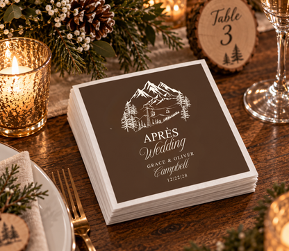 Chocolate brown winter wedding napkins with mountain illustration and personalized wedding details.