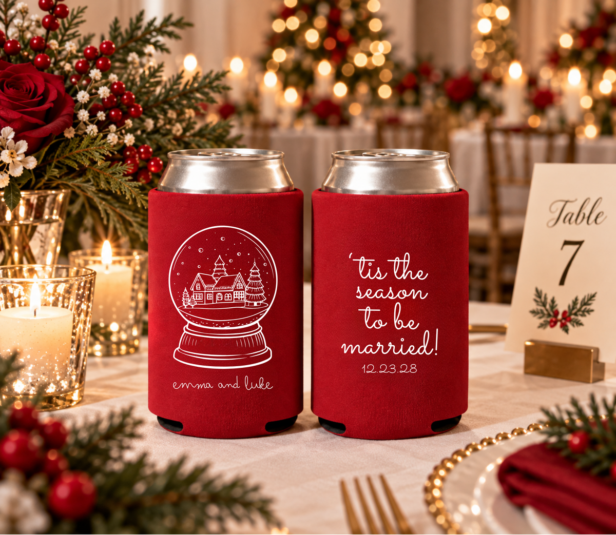 ’Tis the Season to Be Married red wedding can cooler with white handwritten typography and December wedding date.