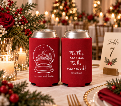 ’Tis the Season to Be Married red wedding can cooler with white handwritten typography and December wedding date.