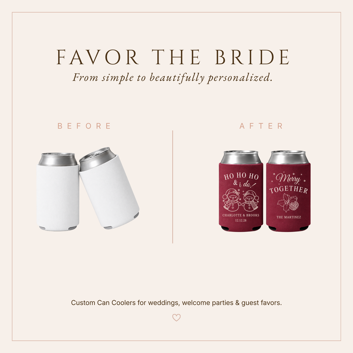 Burgundy Christmas wedding can coolers featuring snowmen, holly, pinecone details, and personalized newlywed information.