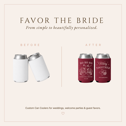 Burgundy Christmas wedding can coolers featuring snowmen, holly, pinecone details, and personalized newlywed information.