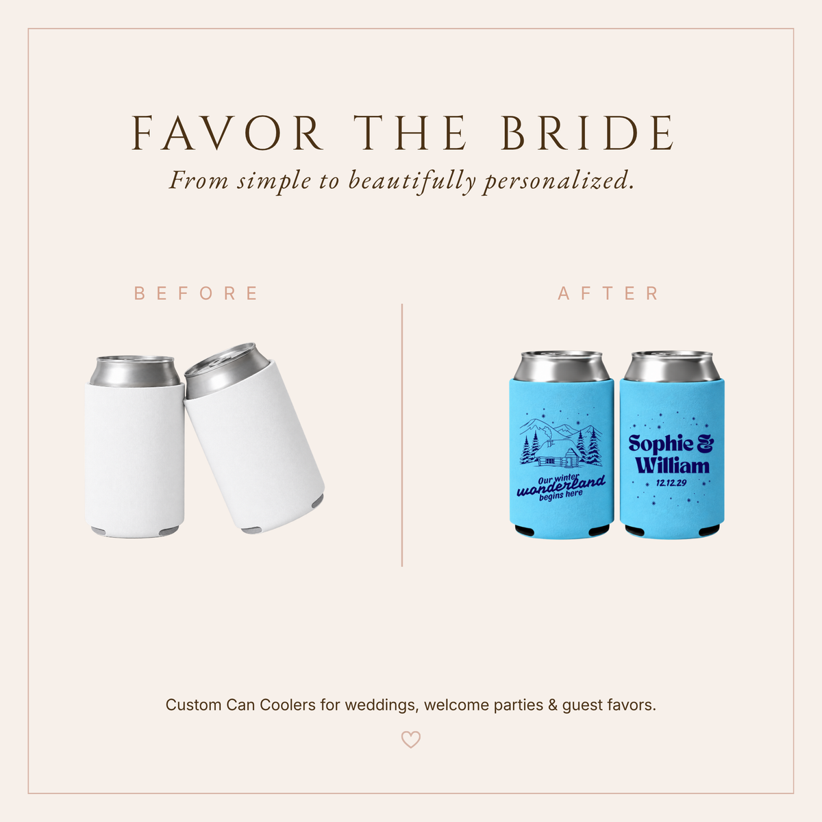 Personalized snowy mountain wedding favor featuring Winter Wonderland cabin artwork and custom couple names.