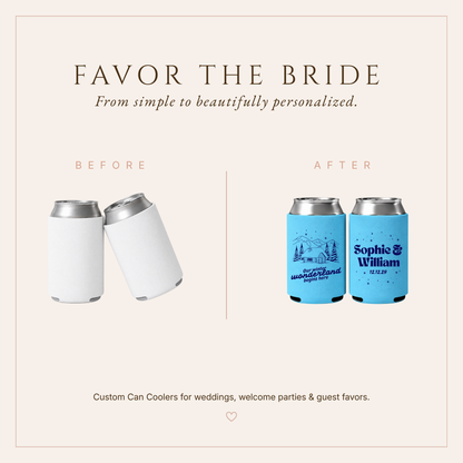 Personalized snowy mountain wedding favor featuring Winter Wonderland cabin artwork and custom couple names.