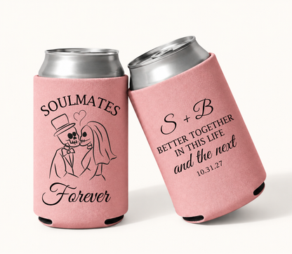 Pink Halloween wedding can coolers with skeleton bride and groom.