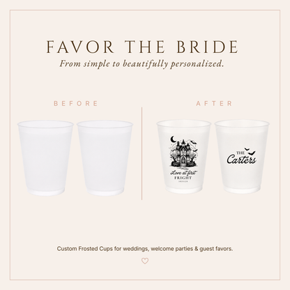 Halloween wedding favor cups with Love at First Fright wording and personalized haunted house design.
