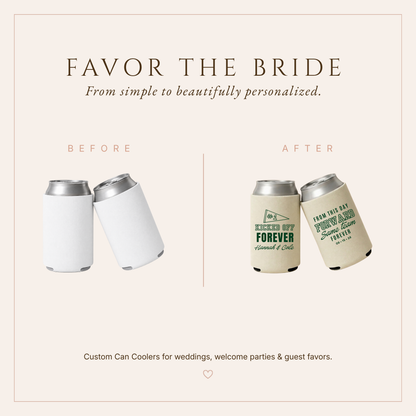 Football wedding can coolers featuring Kicked Off Forever design, personalized couple names, #1 pennant, and wedding date.