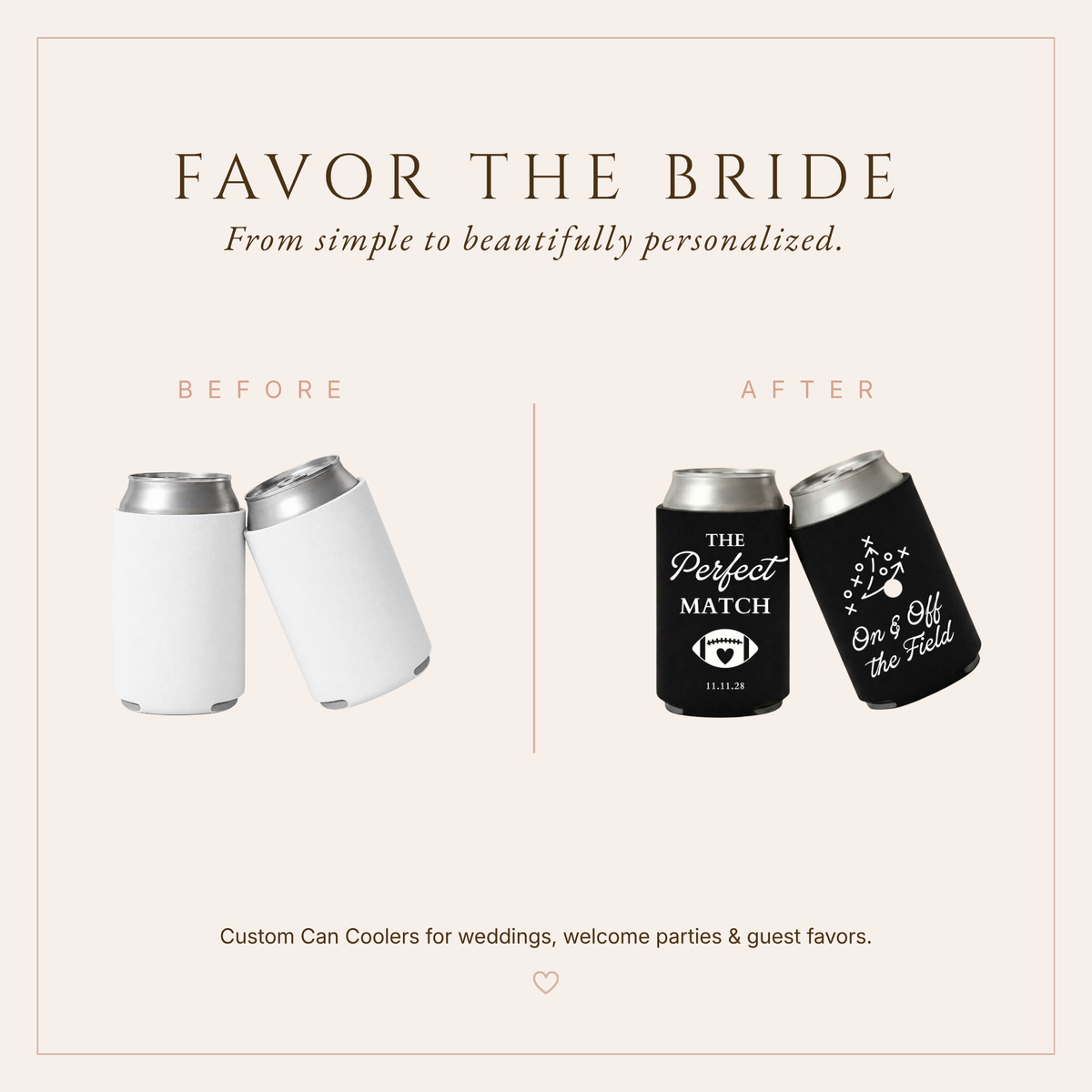 Black football wedding can coolers featuring romantic wedding wording and sporty football graphics.