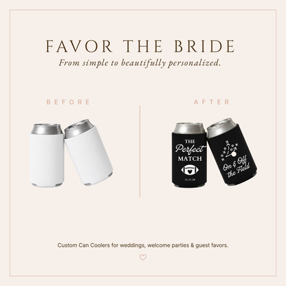 Black football wedding can coolers featuring romantic wedding wording and sporty football graphics.