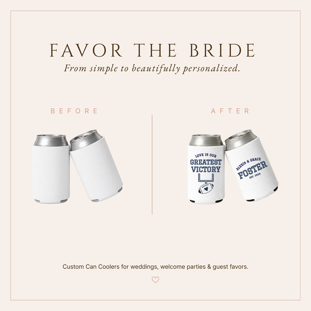 White football wedding can coolers featuring Love Is Our Greatest Victory design and personalized couple names.