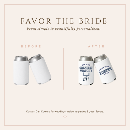 White football wedding can coolers featuring Love Is Our Greatest Victory design and personalized couple names.