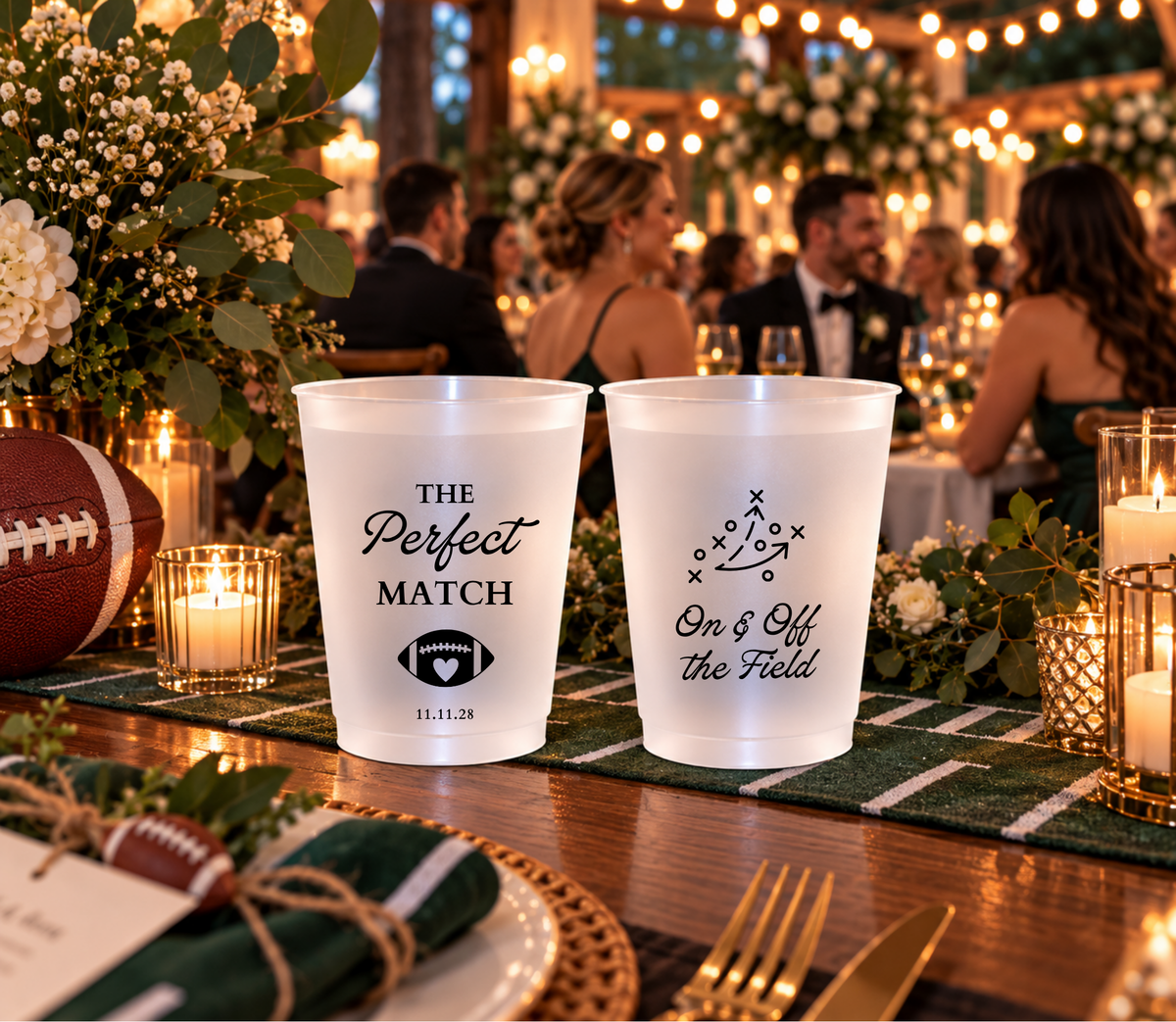 Football themed wedding cups featuring The Perfect Match wording and a football play diagram.
