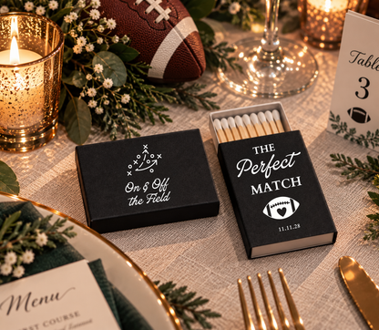 Football themed wedding favor matchboxes with black and white design and romantic football artwork.
