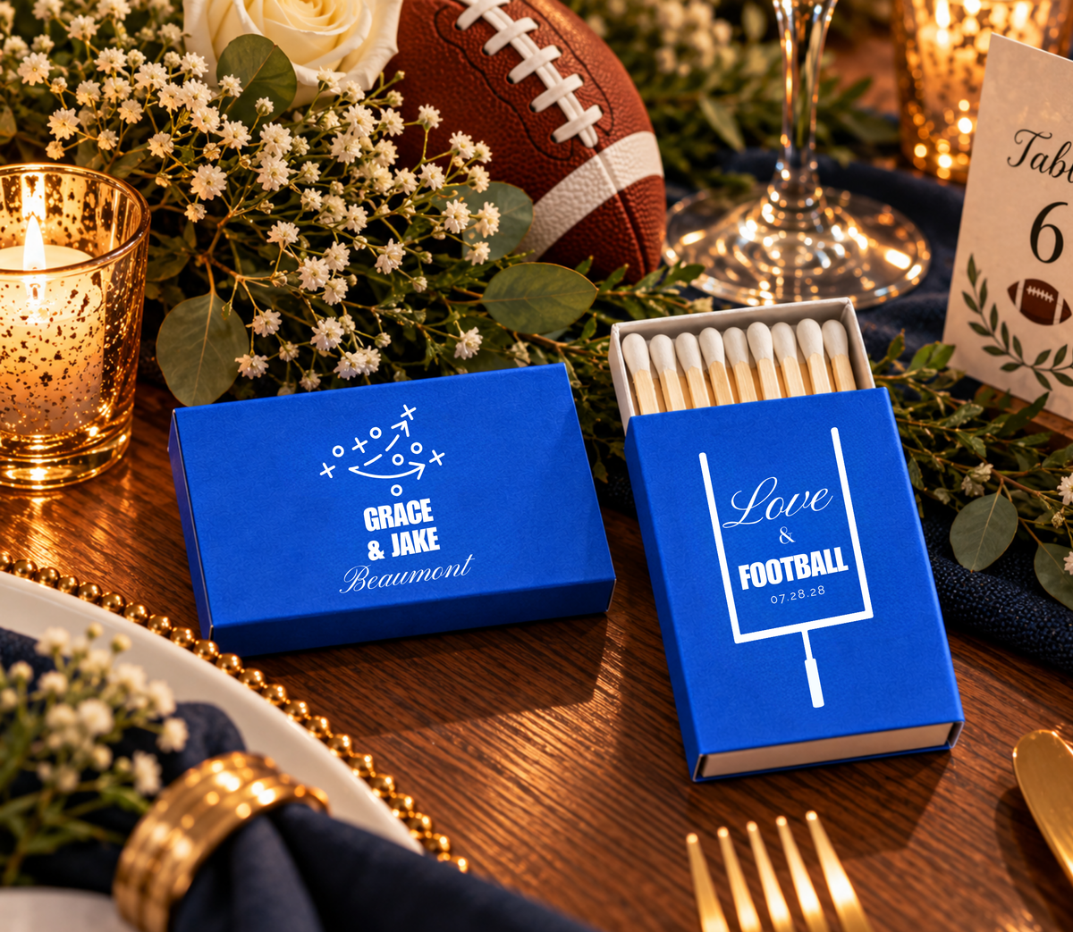 Blue football wedding favor matchboxes featuring a football play diagram, goalpost artwork, and personalized wedding details.
