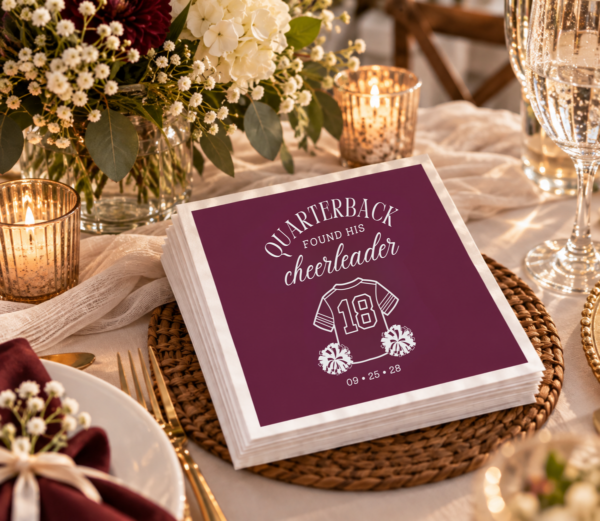 Quarterback and cheerleader themed wedding cocktail napkin featuring romantic typography and football-inspired artwork.