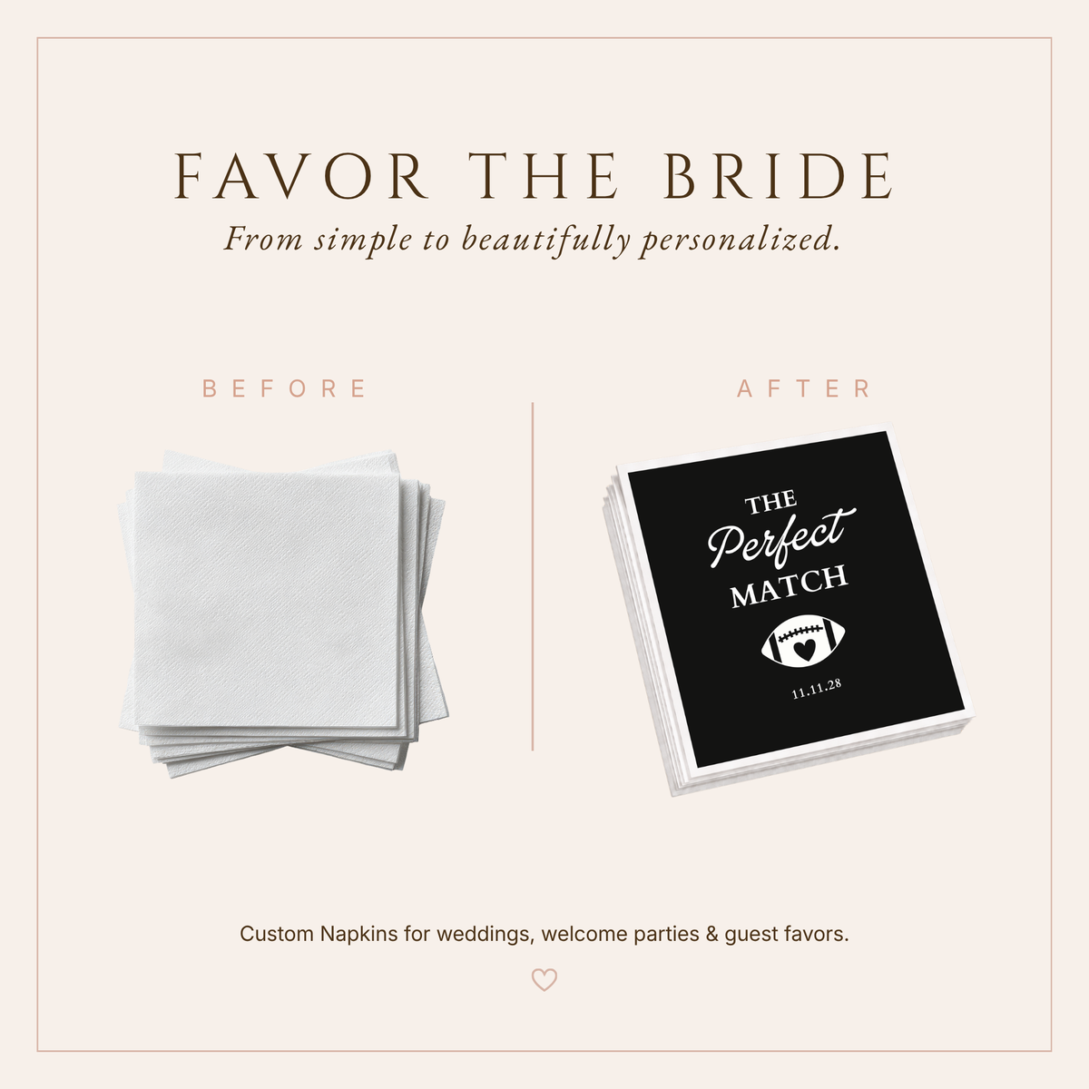 The Perfect Match wedding napkins with football heart artwork, custom wedding date, and black and white design.