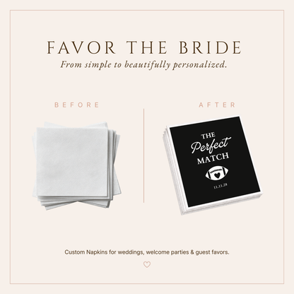 The Perfect Match wedding napkins with football heart artwork, custom wedding date, and black and white design.