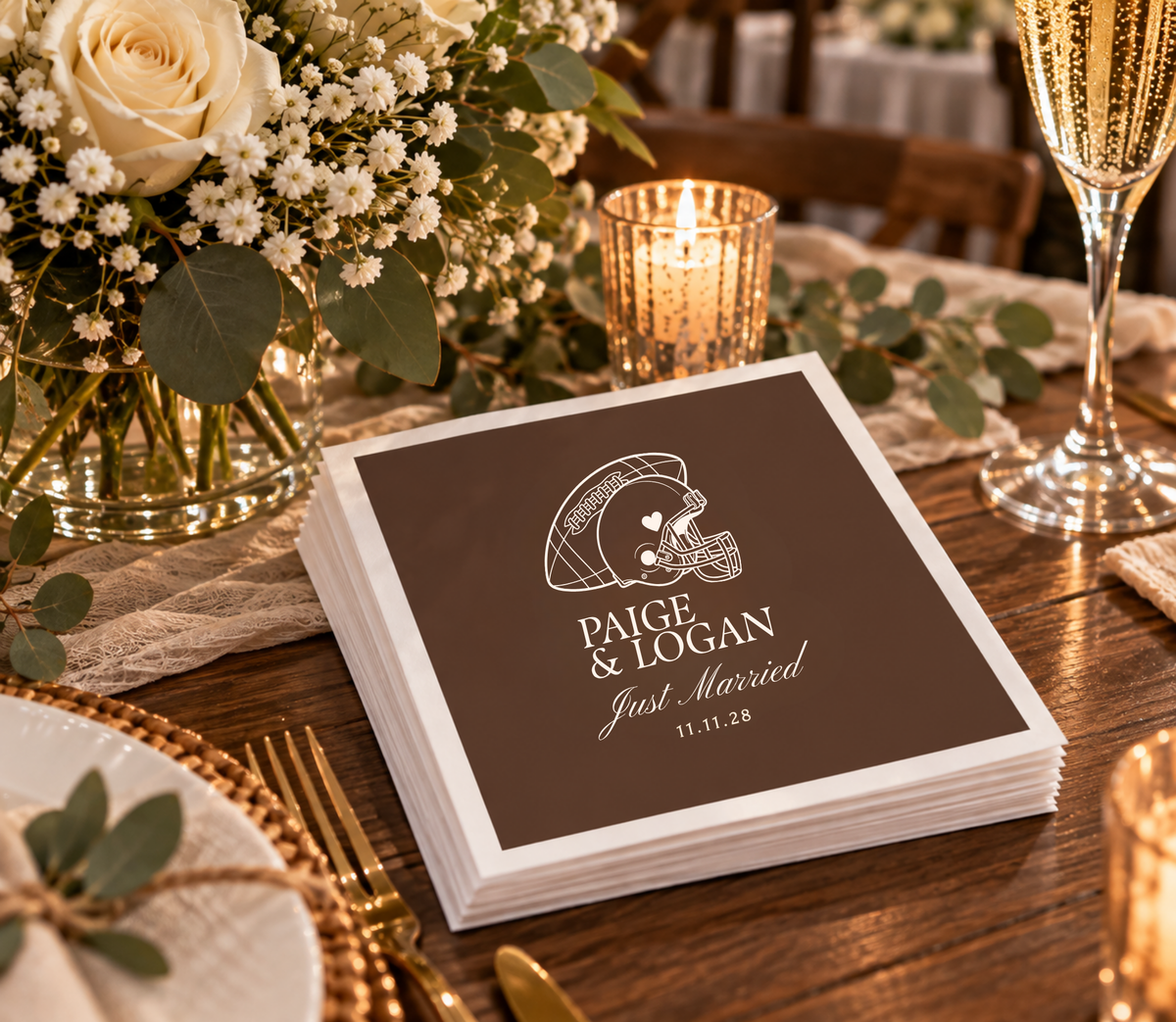 Just Married football wedding cocktail napkins featuring personalized couple names, wedding date, and a classic helmet design.