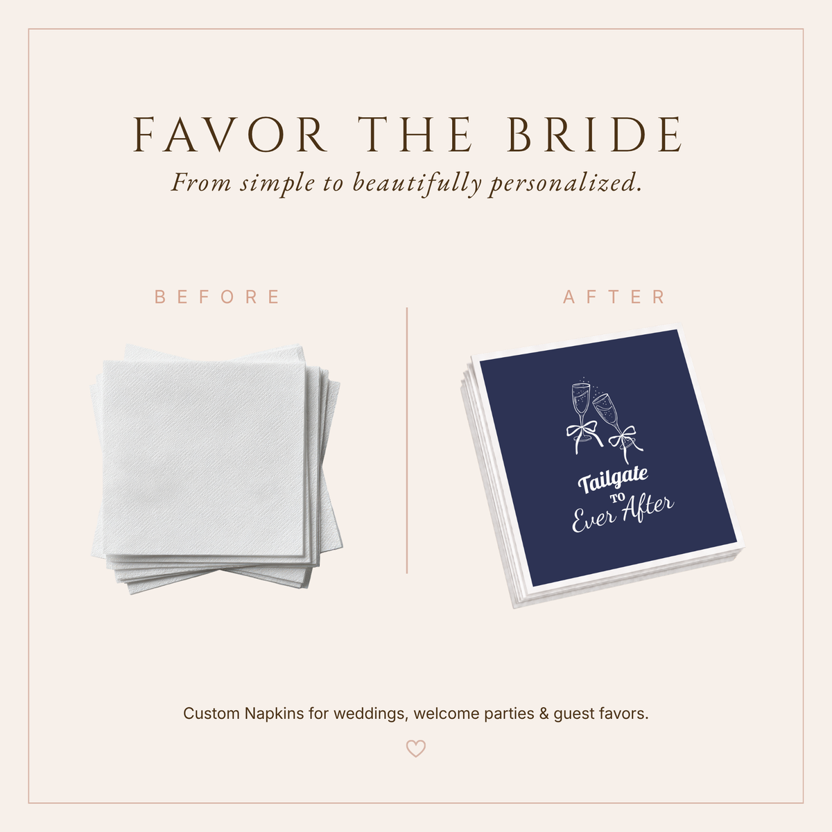 Tailgate To Ever After wedding napkins featuring navy blue background, champagne glasses, bows, and romantic lettering.