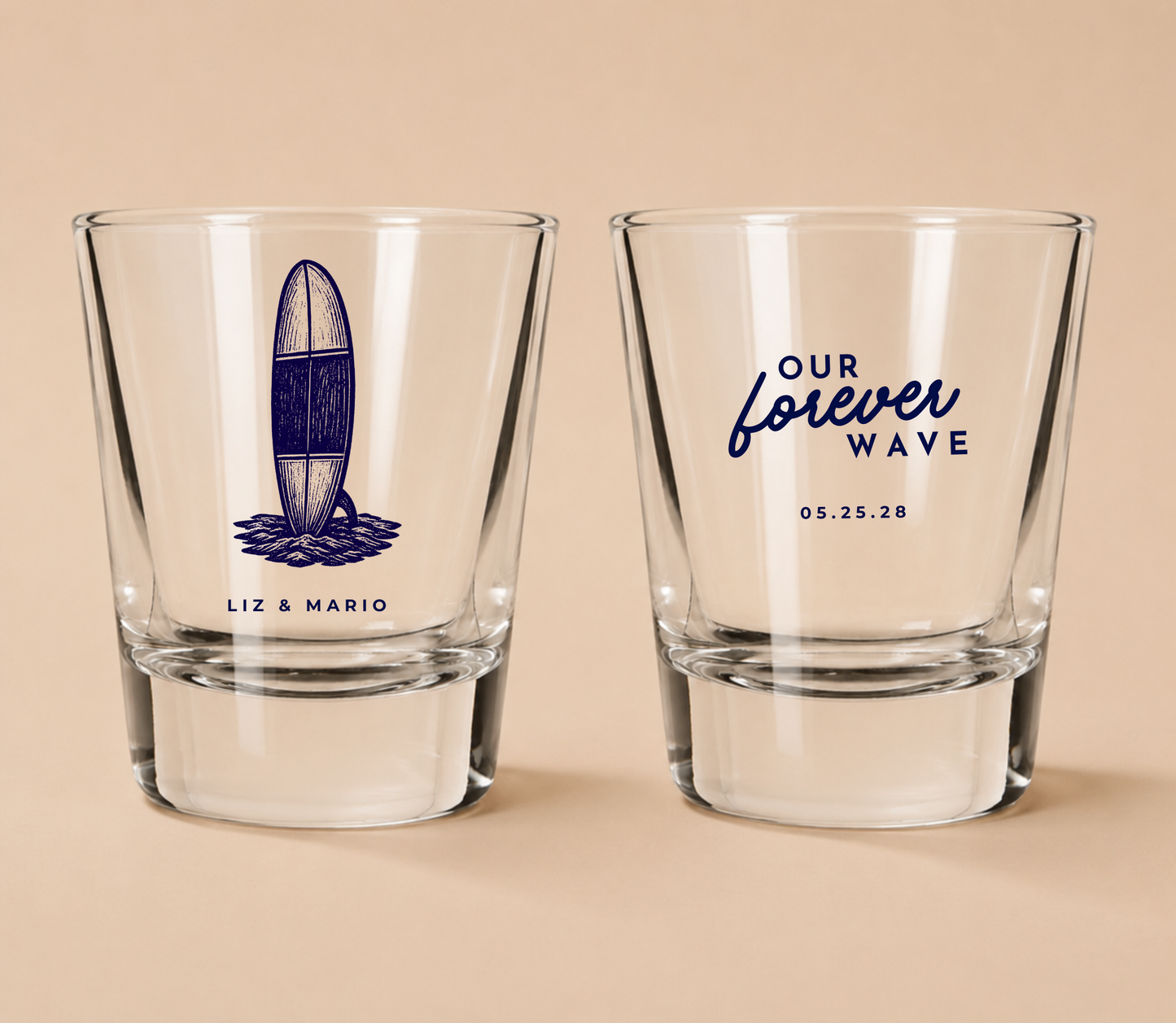 Custom beach wedding shot glass with surfboard artwork and wedding date.

Coastal wedding shot glass personalized with couple names.