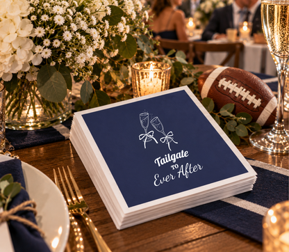 Football themed wedding napkins featuring Tailgate To Ever After design in navy blue and white.