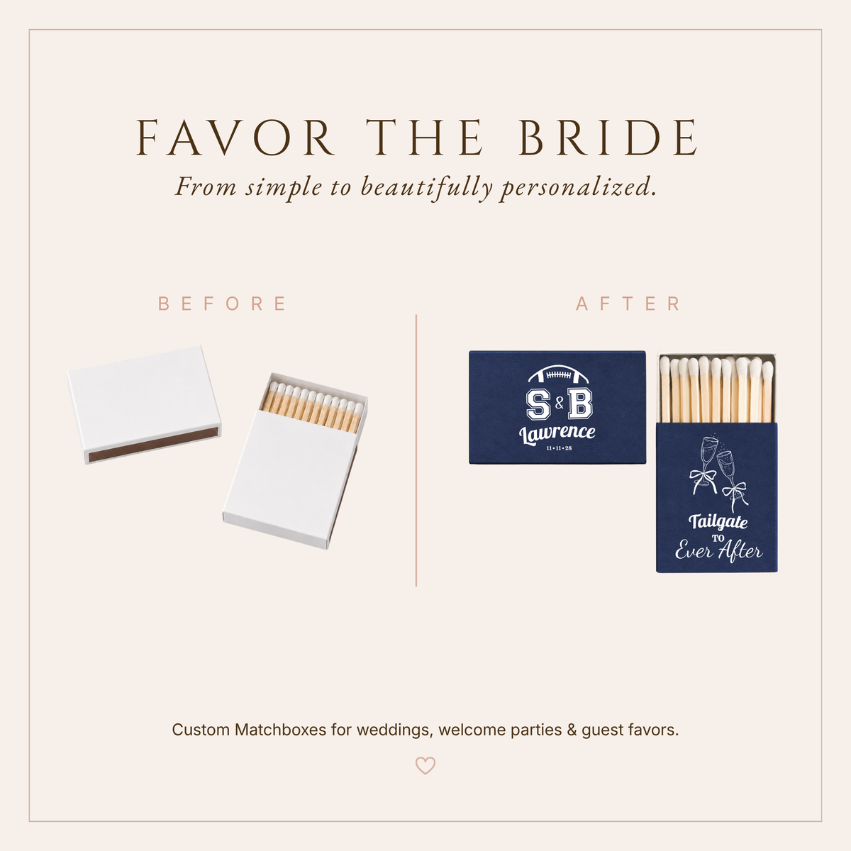 Football themed wedding matchboxes featuring Tailgate To Ever After wording, custom initials, name, and wedding date.