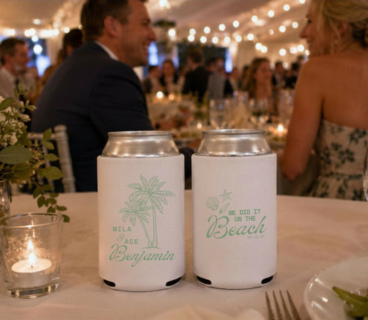 Personalized tropical wedding can cooler featuring coastal artwork, names, and wedding date.