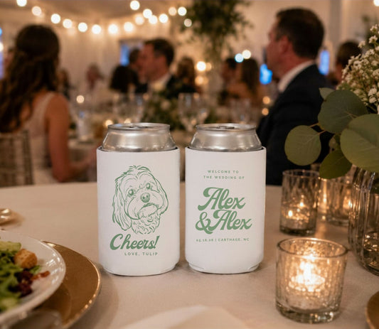 White personalized foam wedding can coolers featuring a custom vintage dog portrait, elegant green typography, couple names, wedding date, and double-sided printing for a dog lover wedding.
White vintage dog wedding can cooler featuring a personalized custom pet portrait and elegant typography.
Custom vintage dog portrait beer can sleeve with couple names and wedding date.
Personalized vintage style dog wedding favor featuring custom pet artwork.
Premium foam wedding can cooler with a custom vintage dog