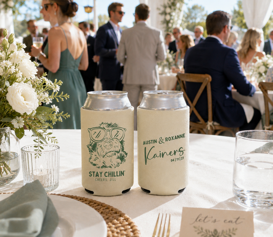 Personalized wedding can cooler featuring a dog portrait with sunglasses and custom wedding details.