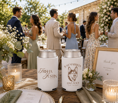 White personalized wedding can coolers featuring elegant wedding typography, a custom dog portrait, and an I Do Too wedding design.