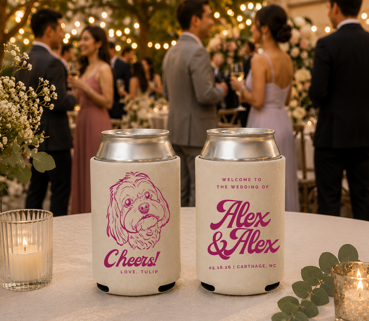 Cream personalized wedding can coolers featuring a custom dog portrait, elegant wedding typography, couple names, and wedding date.
