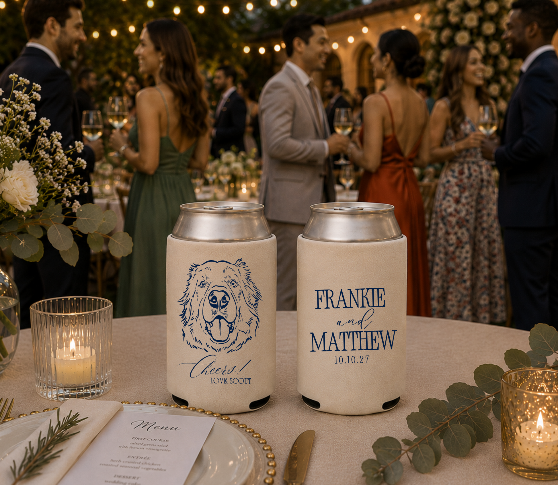 Cream personalized wedding can coolers featuring a custom dog portrait, elegant typography, couple names, and wedding date.