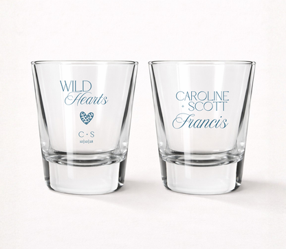 Personalized Wild Hearts wedding shot glasses featuring custom couple names, initials, wedding date, and modern heart design.